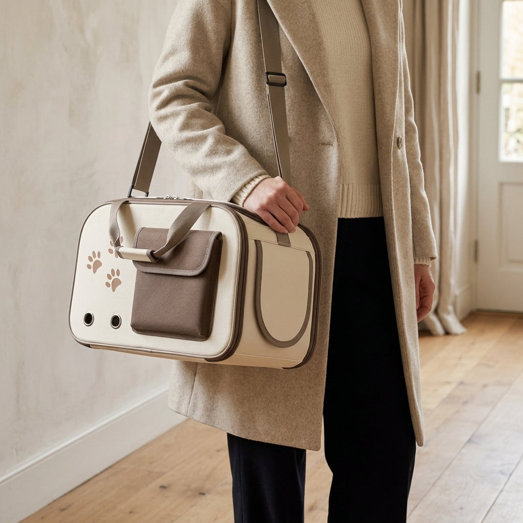 Nozomi Travel Carrier carried over the shoulder on its padded strap