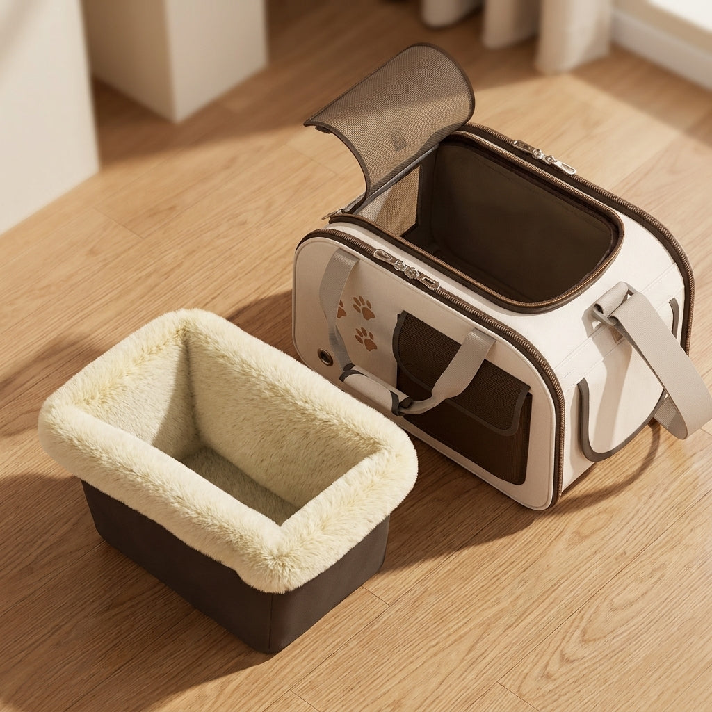 Nozomi Travel Carrier beside its removable lambswool winter liner