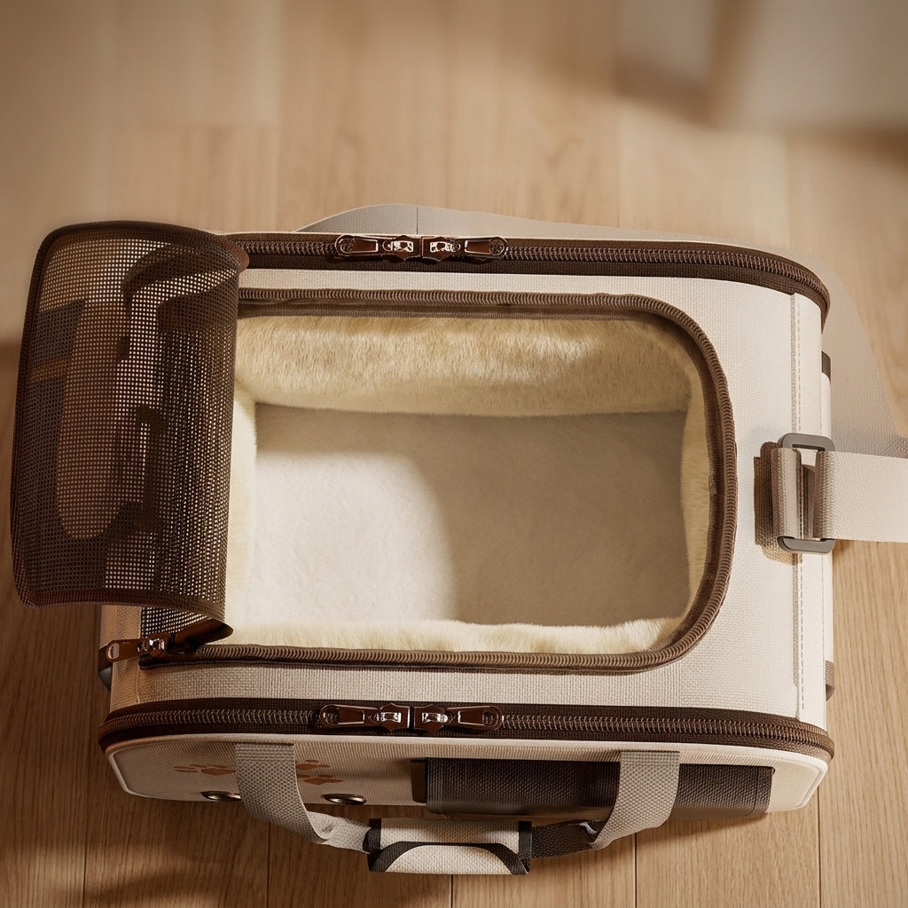 Nozomi Travel Carrier seen from above with the lambswool winter liner fitted