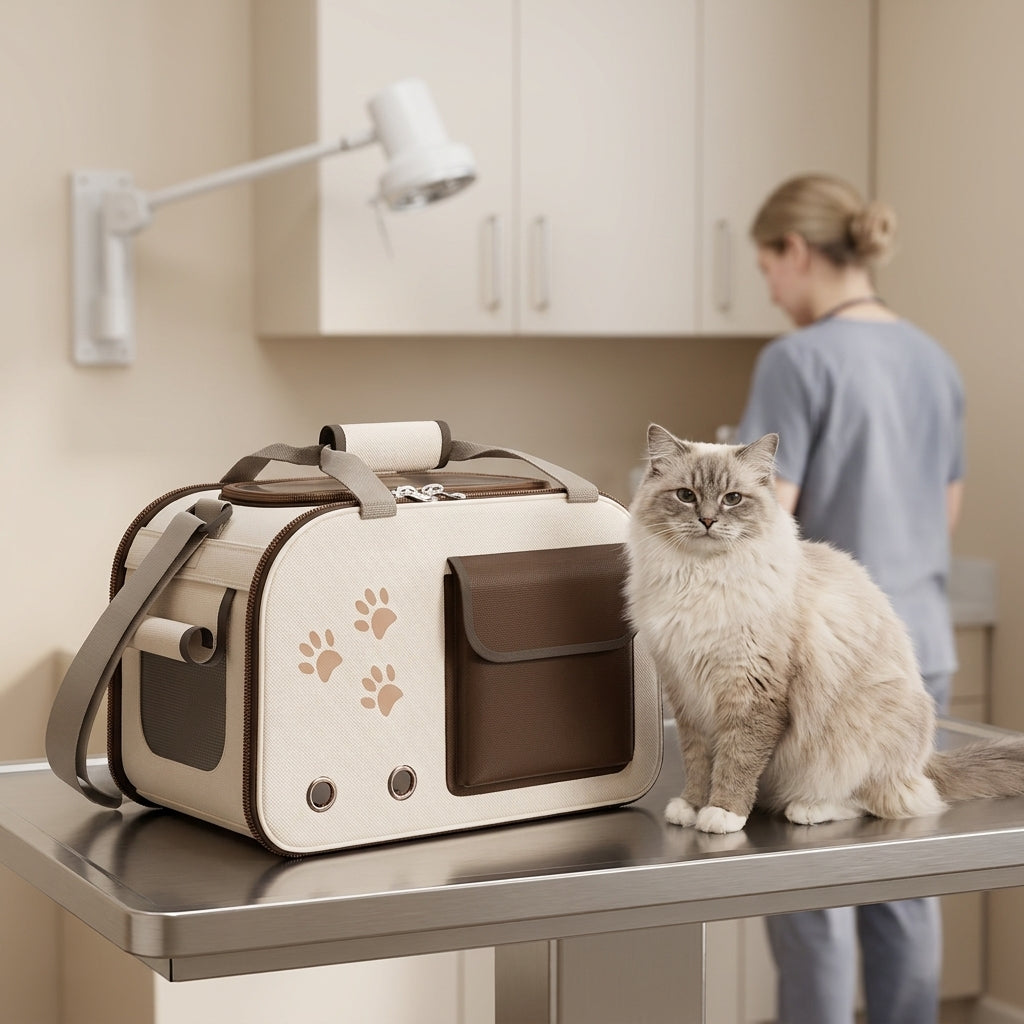 Nozomi Travel Carrier on the examination table at a veterinary practice