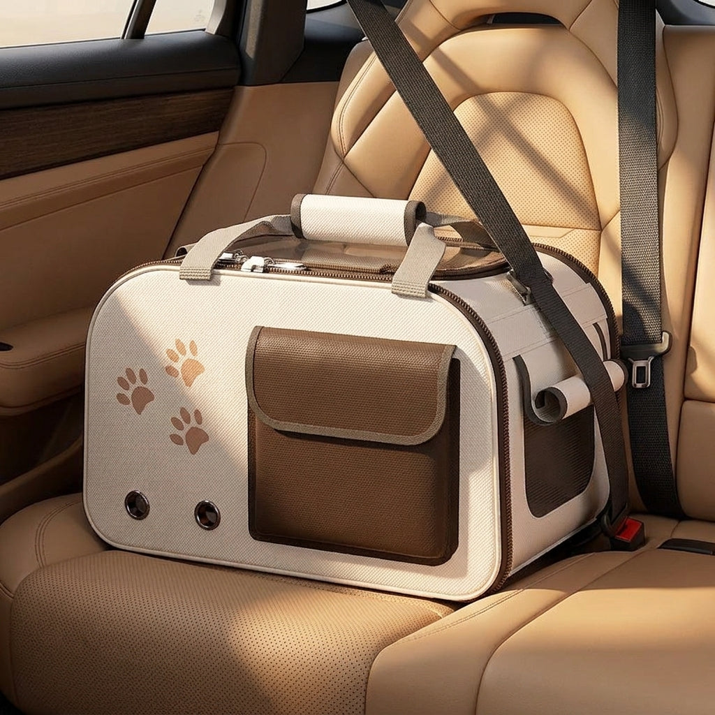 Nozomi Travel Carrier secured with the seatbelt on a car's rear seat
