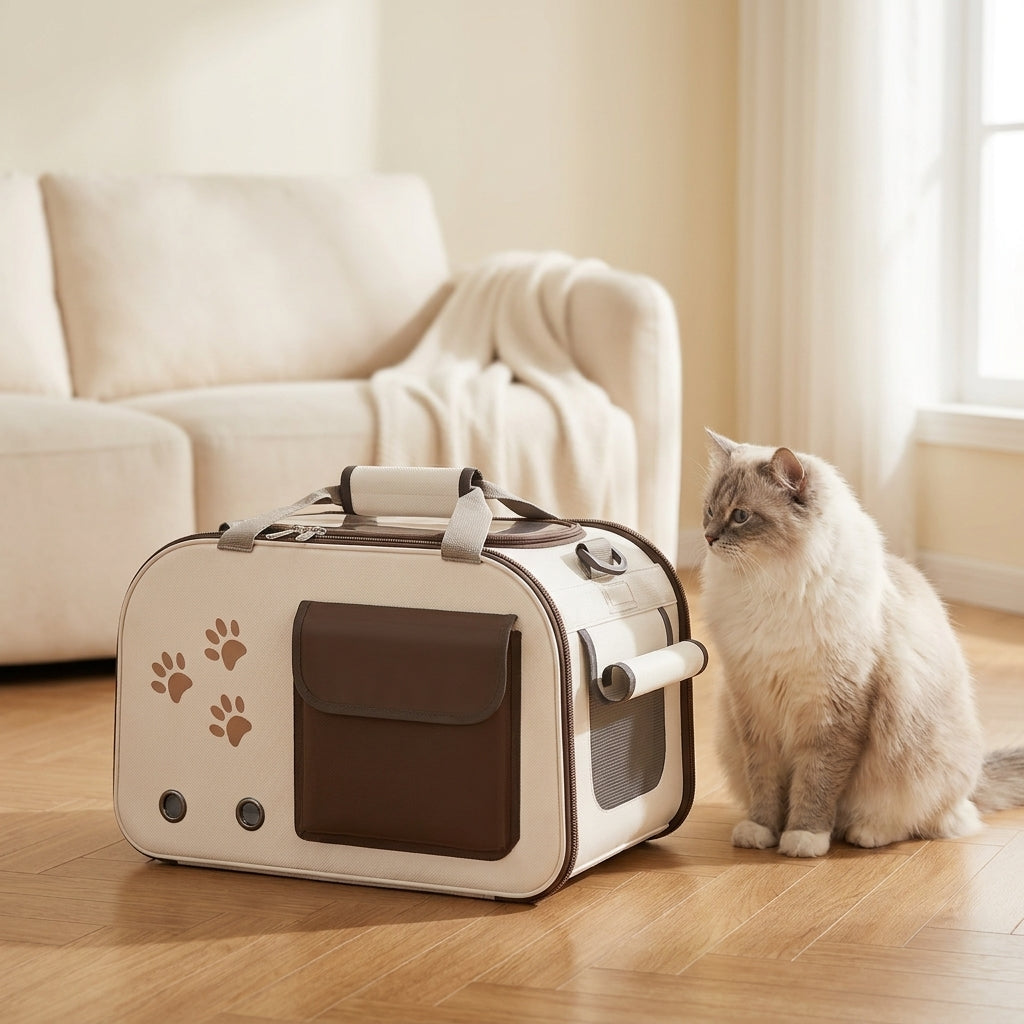 Nozomi Travel Carrier at home, a long-haired cat sitting beside the closed carrier
