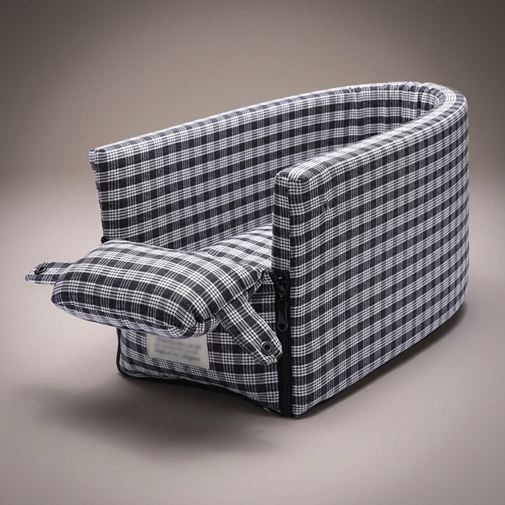 Tomo Console Seat in Charcoal Plaid folded flat, studio view showing the non-slip base