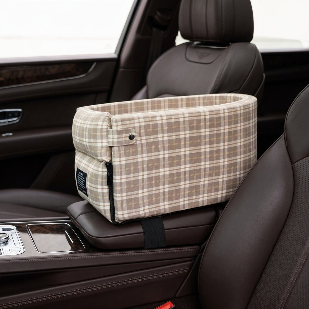 Tomo Console Seat in Mocha Plaid mounted on a car centre console