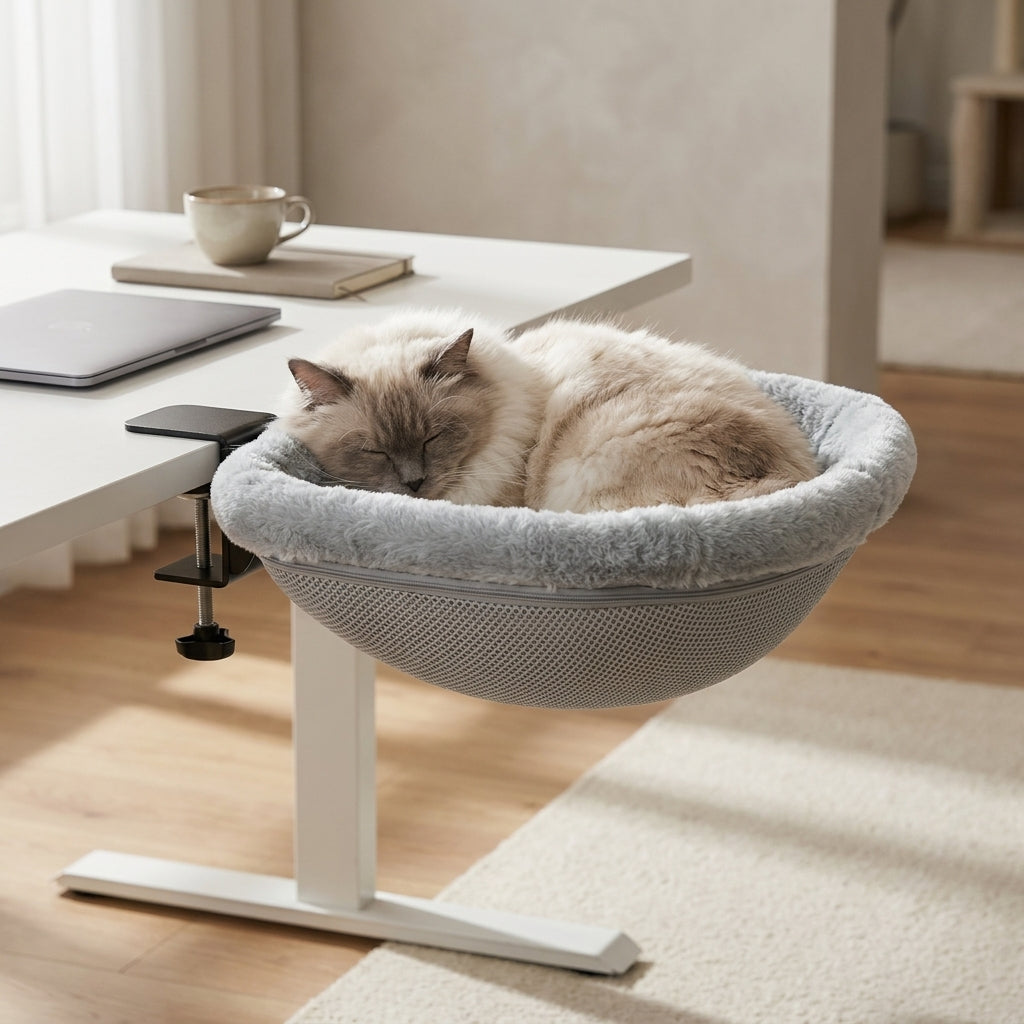 Long-haired cat curled up asleep in the Nozomi desk perch clamped to a home-office desk