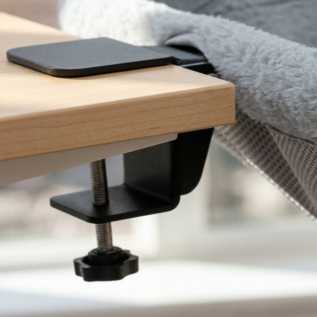 Close view of the black metal clamp holding the Nozomi desk perch to a desk edge