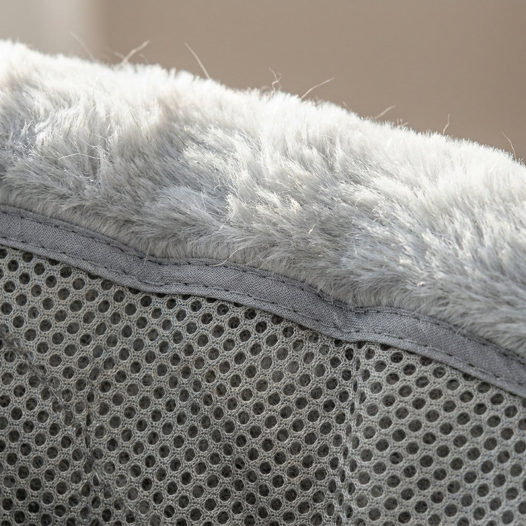Detail of the faux-fur rim, bound edge and breathable honeycomb mesh of the Nozomi desk perch
