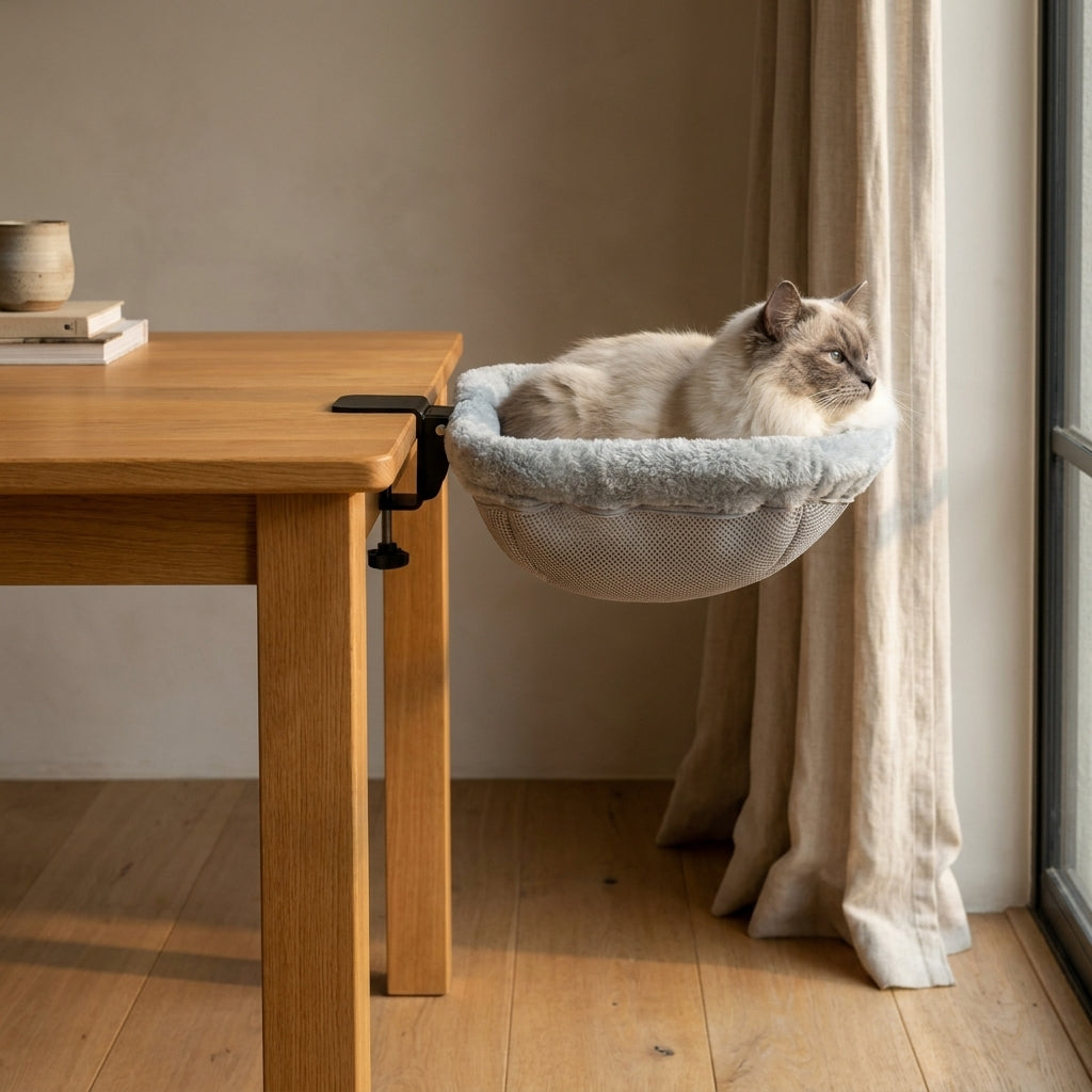 Long-haired cat resting in the Nozomi desk perch at a sunlit window table