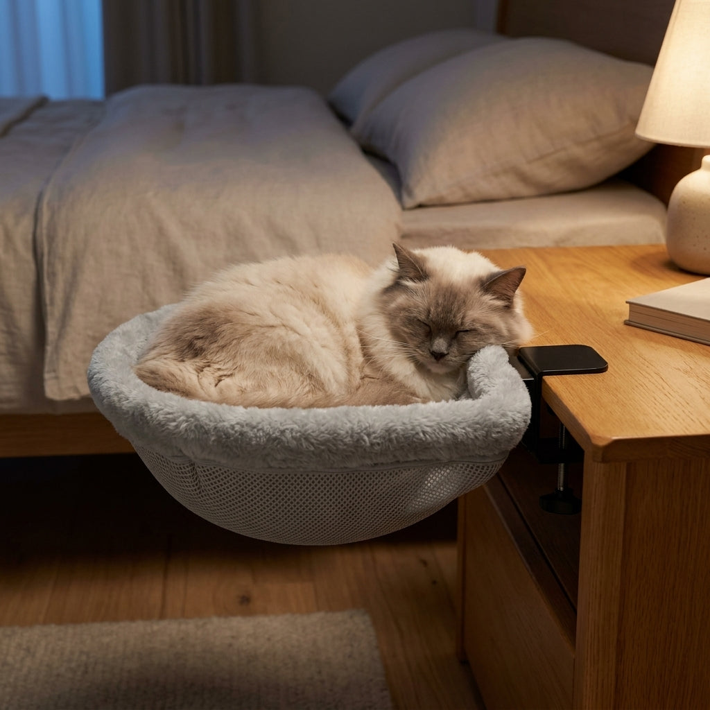 Cat asleep in the Nozomi desk perch mounted on a bedside table in the evening