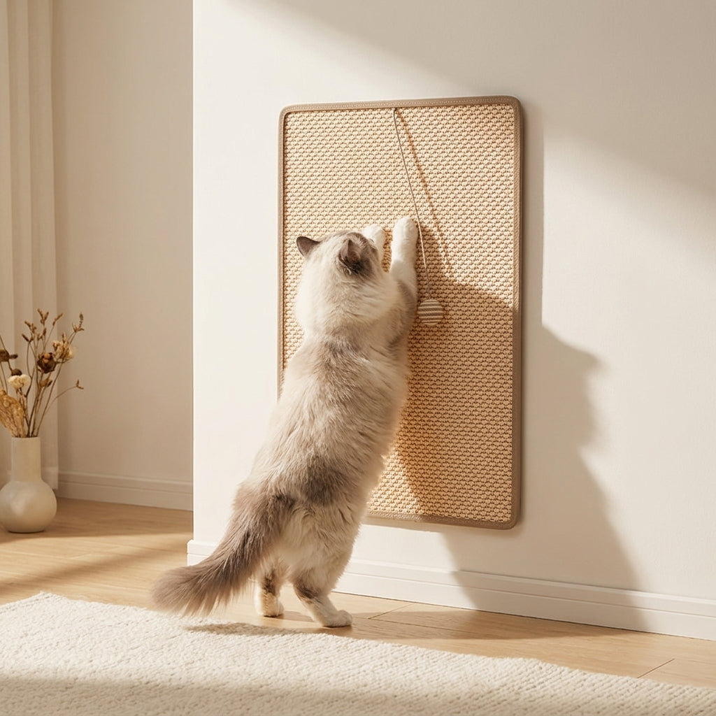Long-haired cat stretching up to scratch the wall-mounted Takumi scratcher