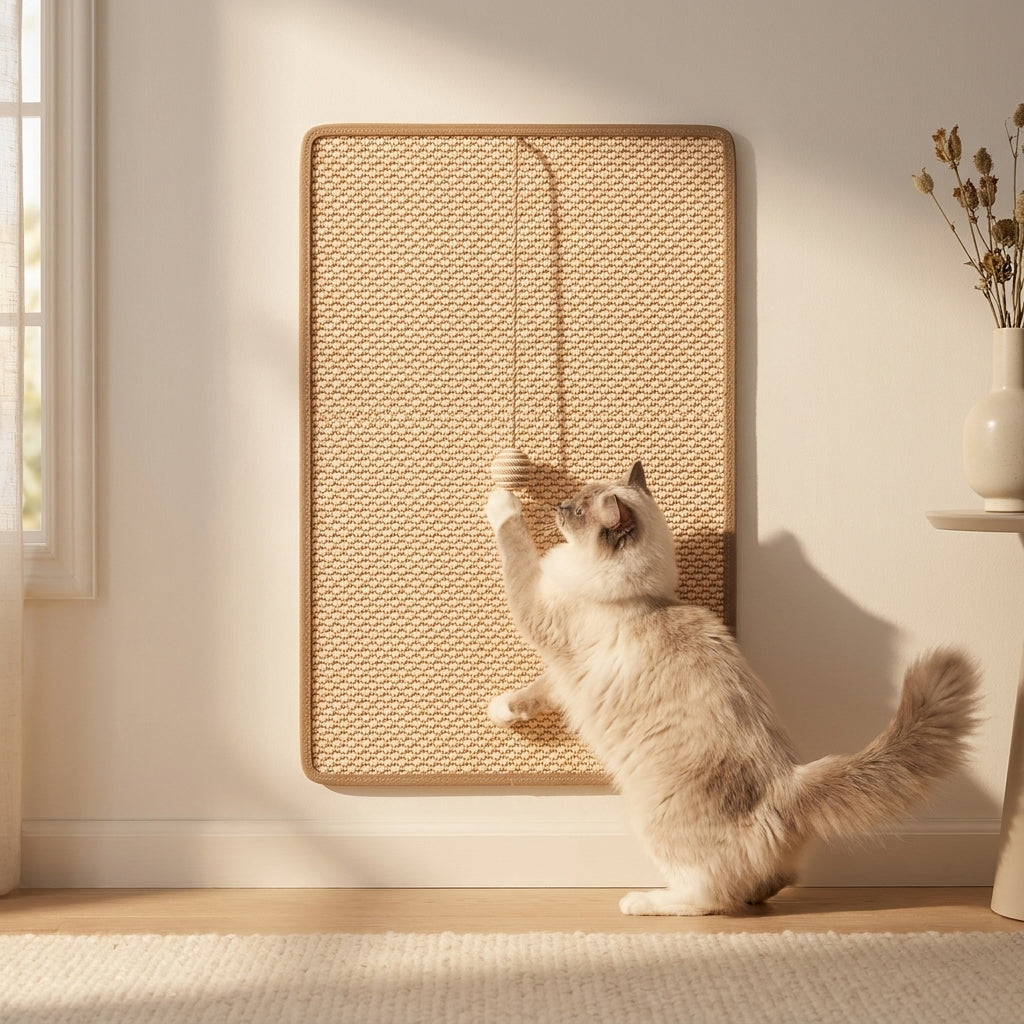 Cat batting the hanging sisal toy on the Takumi wall scratcher