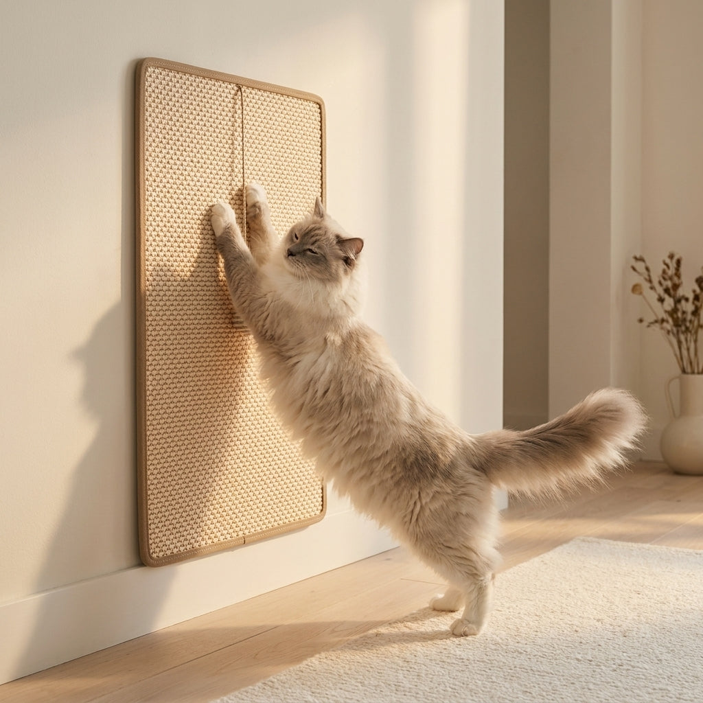 Cat at full stretch against the wall-mounted Takumi scratcher