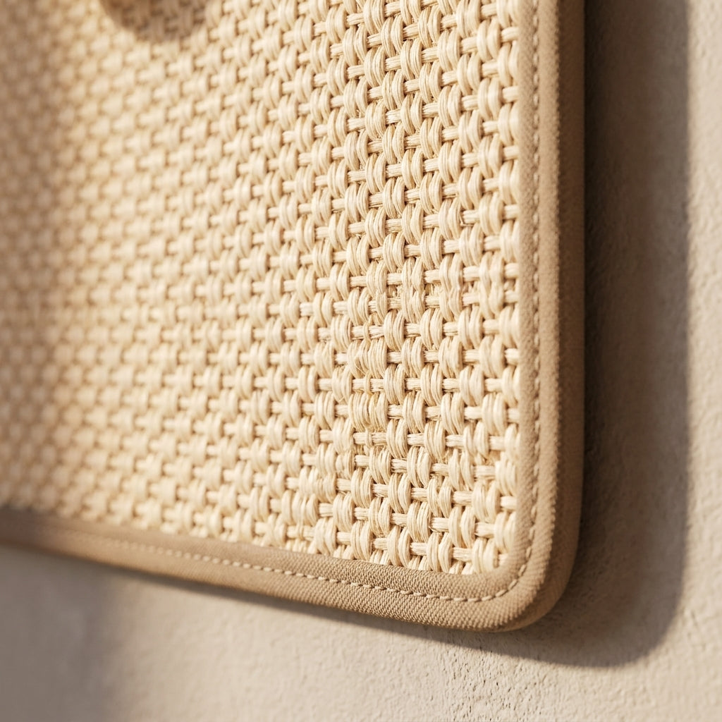 Close detail of the woven agave-sisal surface and the bound fabric edge