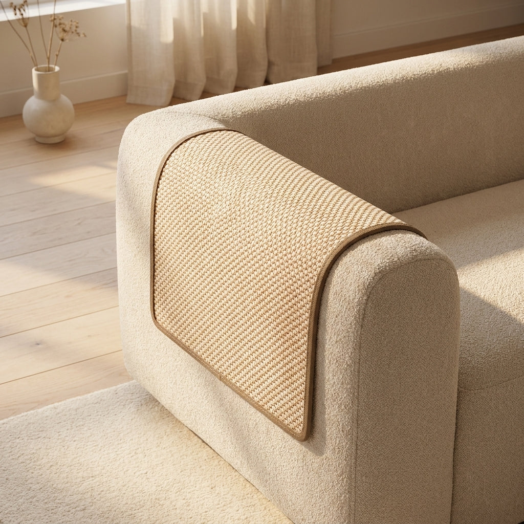 Takumi scratching mat laid lengthwise over a sofa arm to protect the upholstery