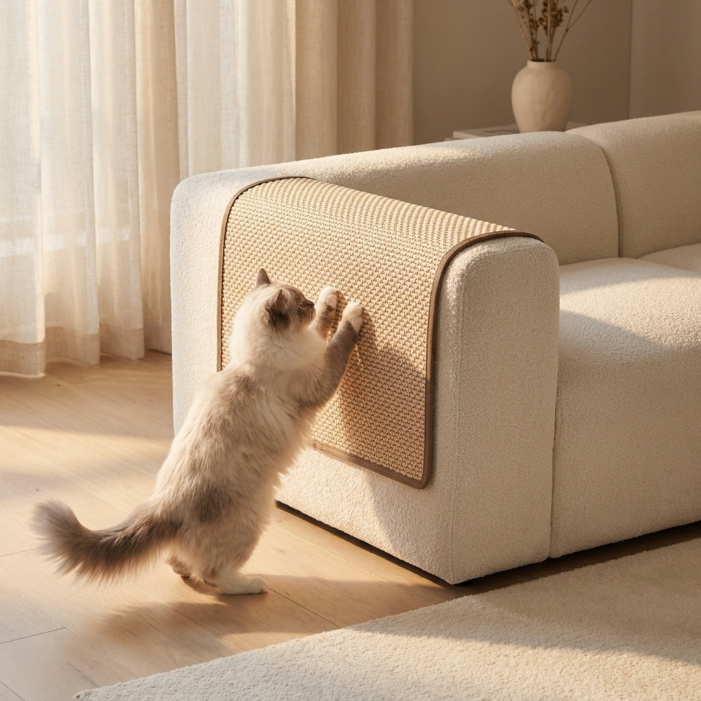 Cat scratching the Takumi mat laid over the arm of a sofa